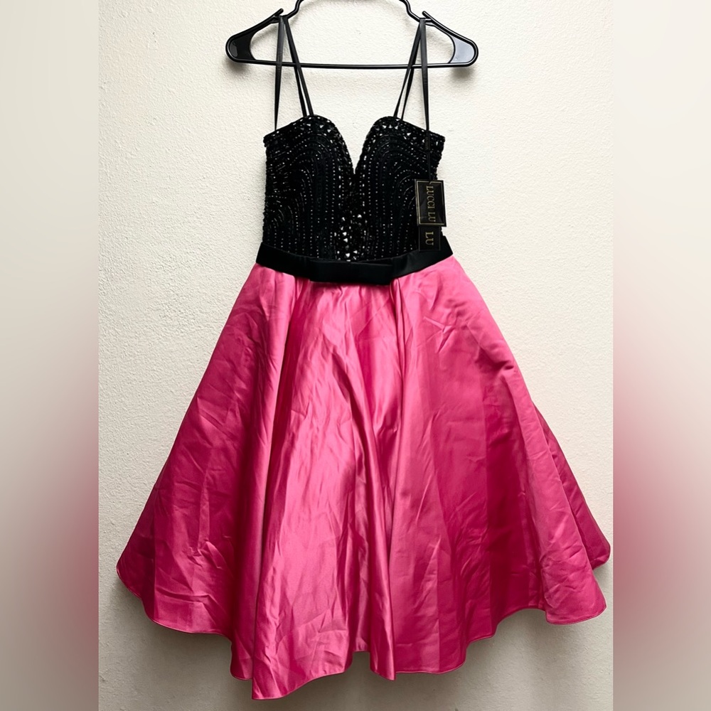 Nwt Lucci Lu Cocktail A-Line Dress Pink & Black Beaded Lined Size 4 Style #3023